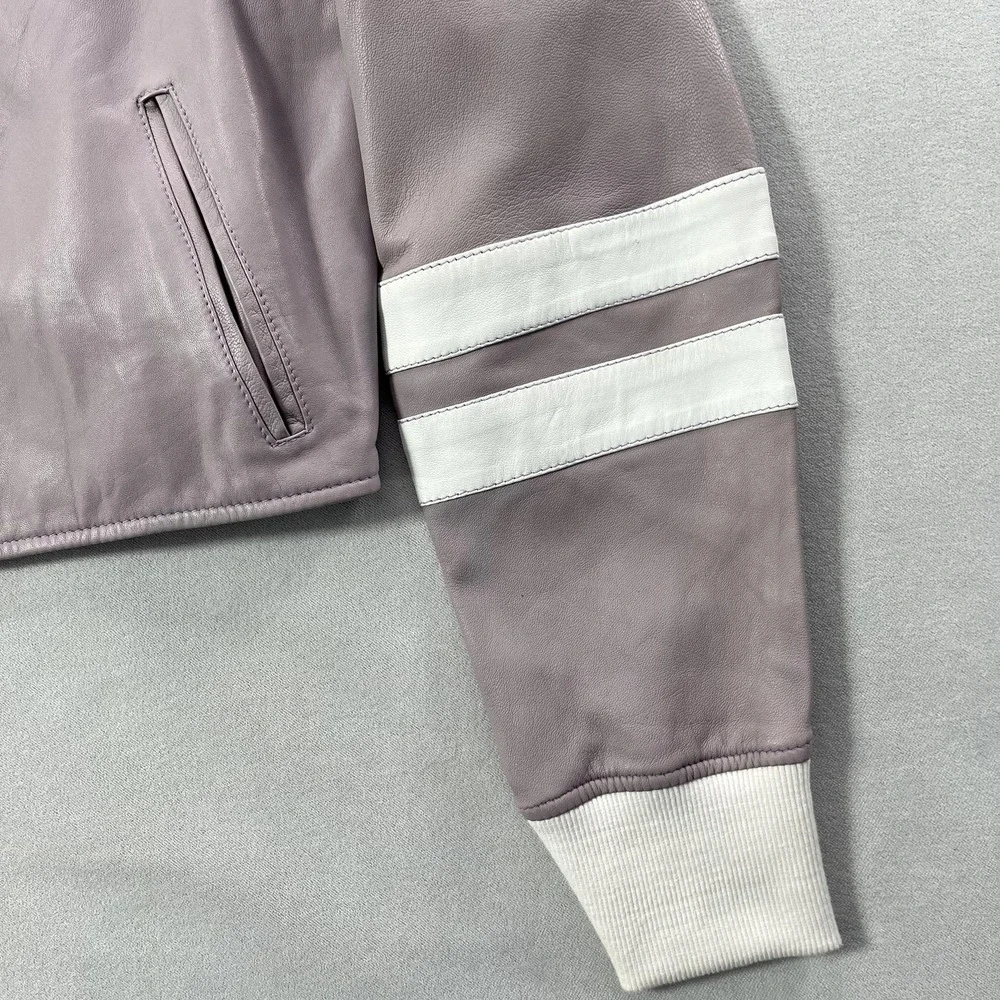 JKT NYC Leather Jacket Womens XS Purple White Stripe‎ Moto Racer Cropped Rib Hem